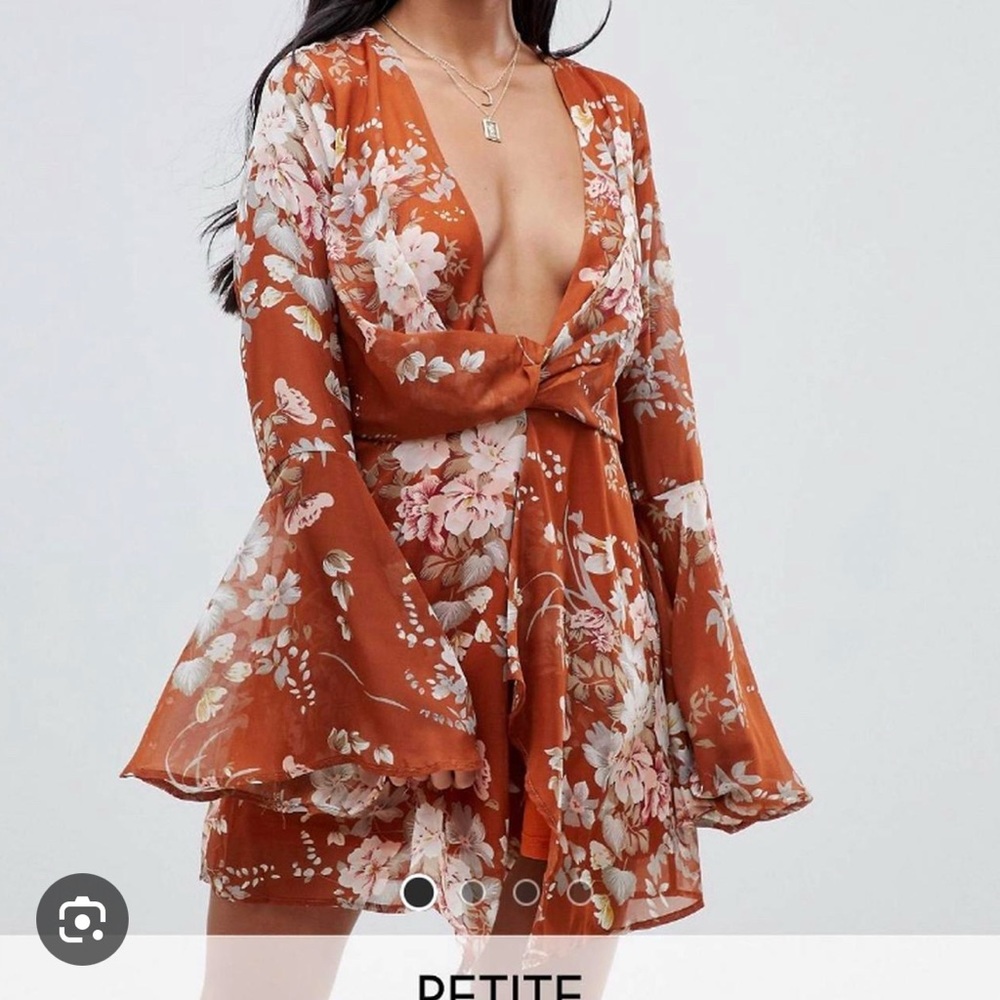 Boohoo Floral Rust Dress with Flared Sleeves